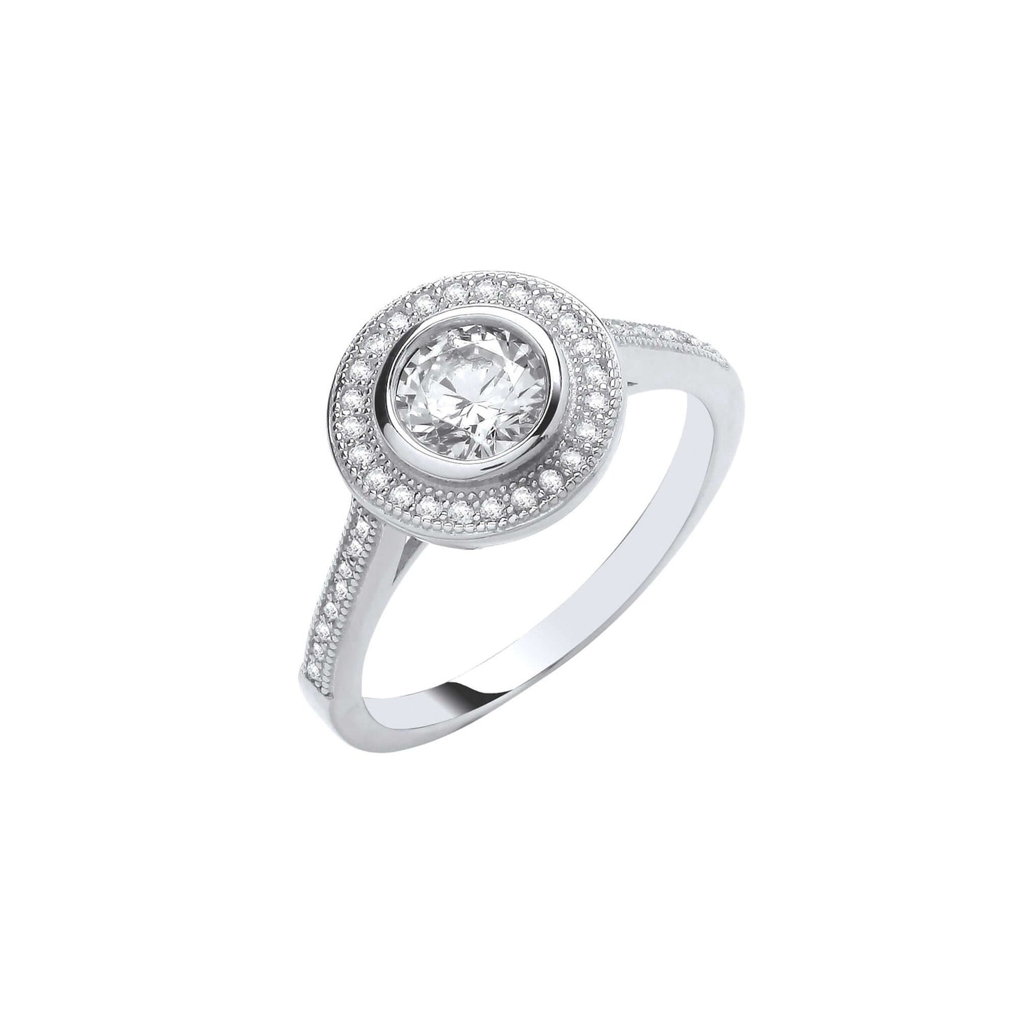 Elegant Silver Halo Ring with a central stone surrounded by cubic zirconia halo and matching shoulders, showcasing timeless elegance.
