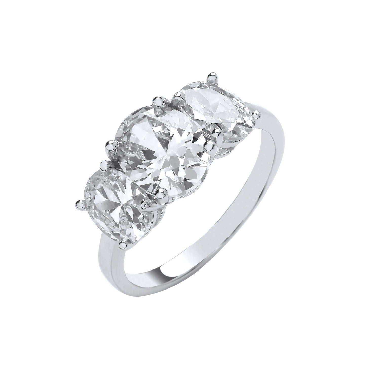 Silver Trilogy Ring with three cushion cut cubic zirconia stones representing past, present, and future.