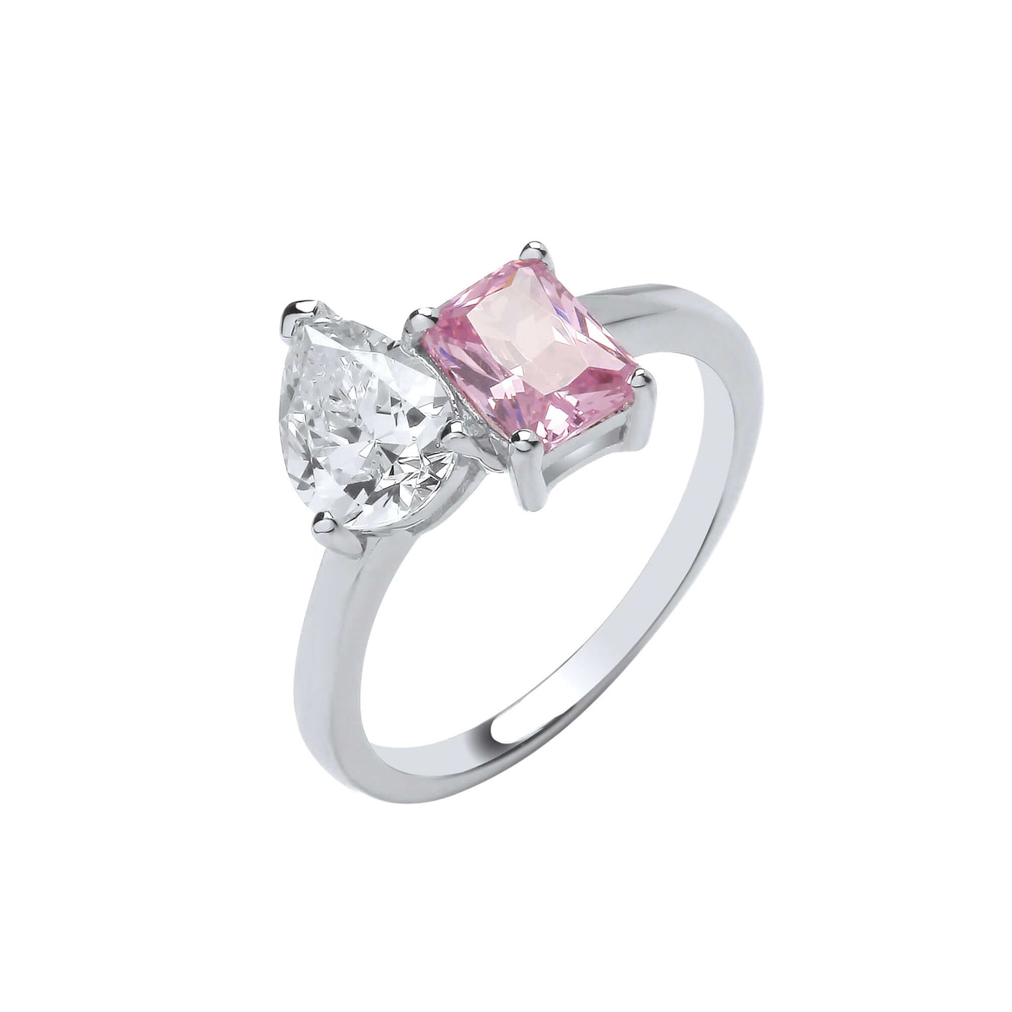 Silver Princess Pear Ring with pink princess cut and clear pear cut cubic zirconia stones, elegant design for special occasions.