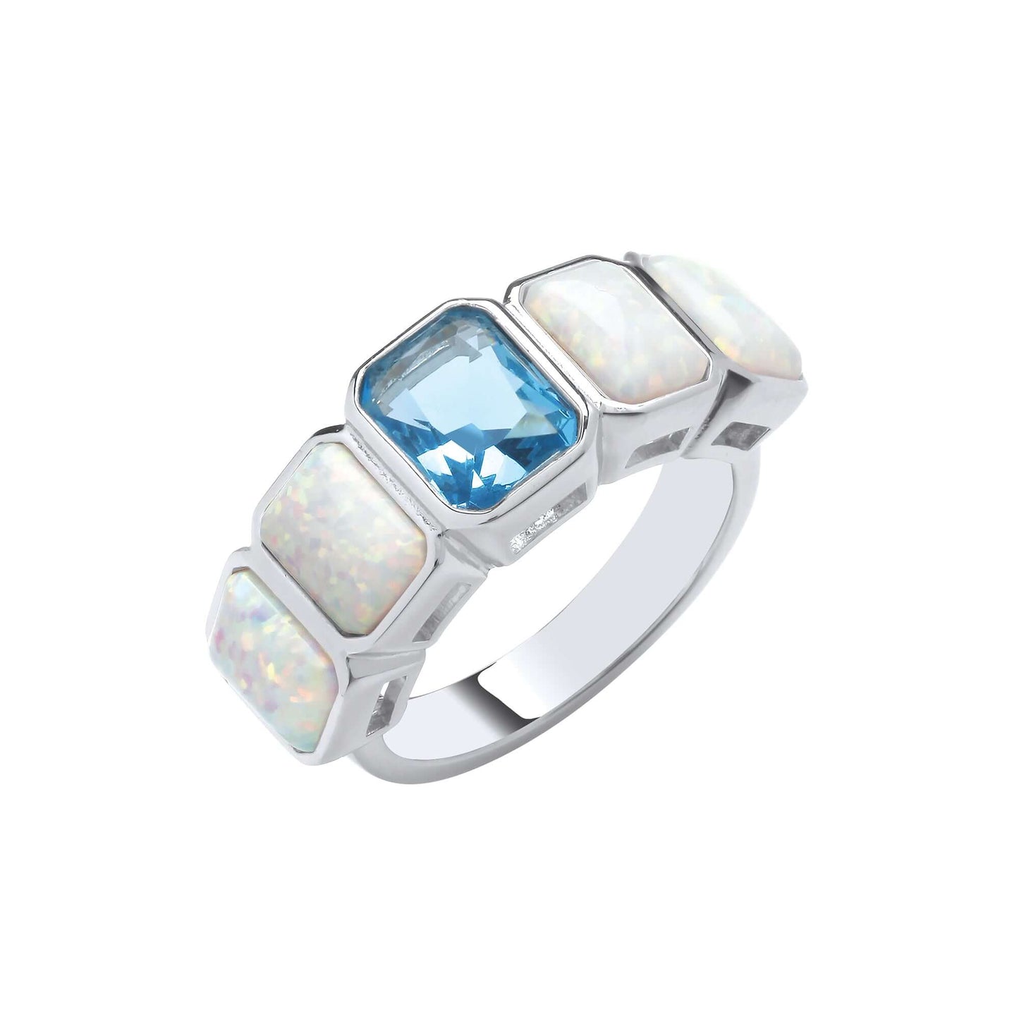 Silver Blue Stone Opal Ring with cubic zirconia and opal accents, elegant design for jewelry enthusiasts.
