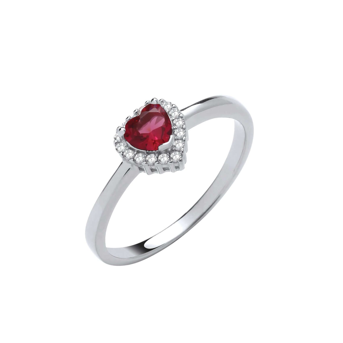 Silver Red CZ Heart Ring with ruby colored cubic zirconia heart and halo of brilliant cut stones.