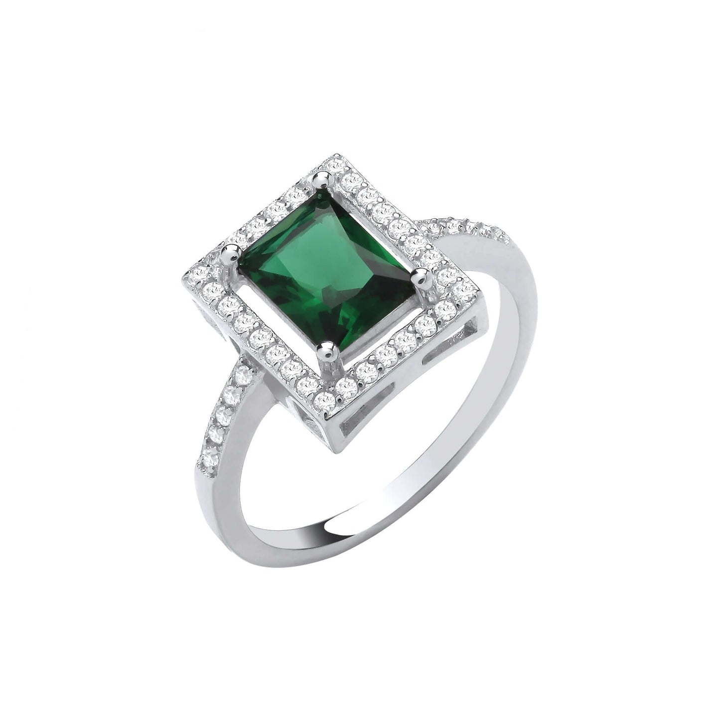Silver Green Princess Cut Ring with emerald cubic zirconia and brilliant cut stones on silver band.