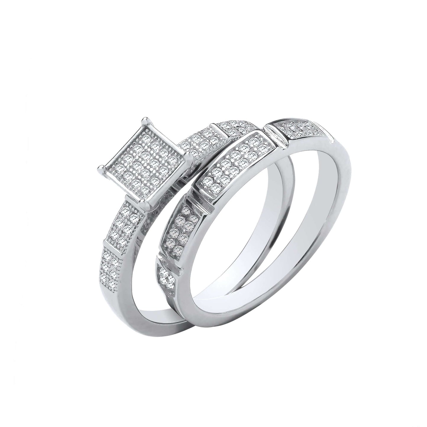 Silver Square Set Bridal Set with brilliant cut cubic zirconia stones, elegant and sparkling rings perfect for weddings and special occasions.