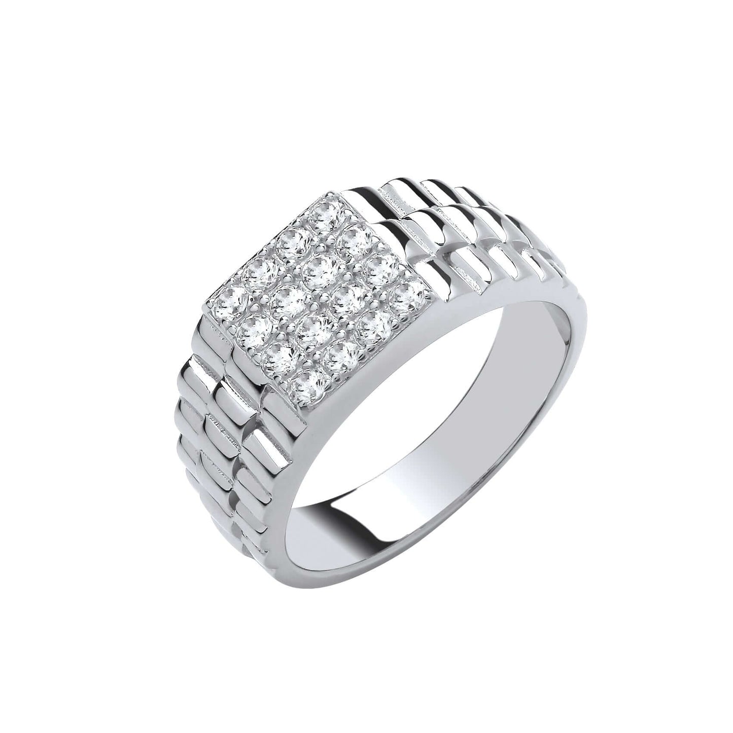 Silver Square Top Gents CZ Ring in sterling silver with cubic zirconia stones on square face, elegant and brilliant design.