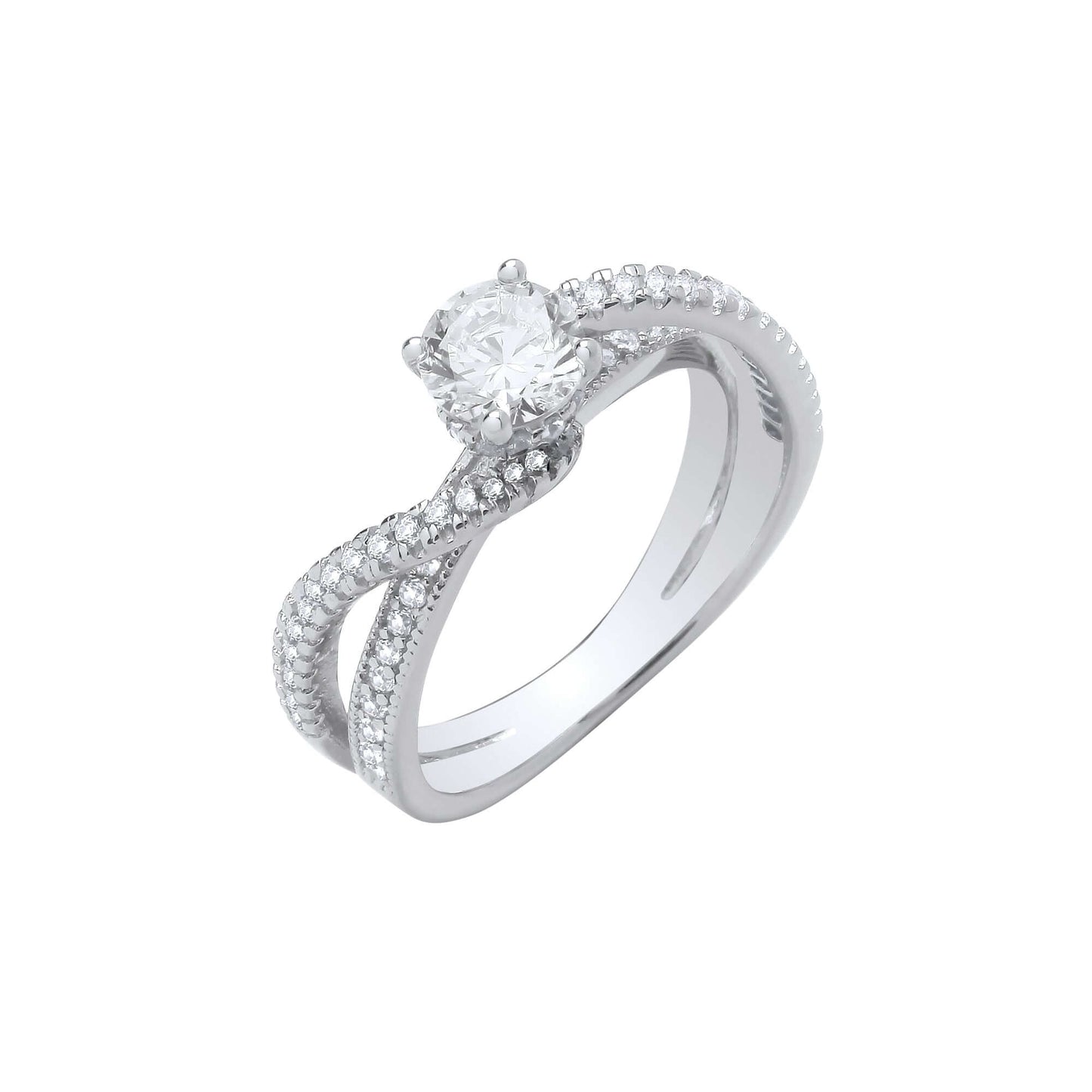Silver Entwined Split Shank Solitaire Ring with cubic zirconia stones, elegant solitaire engagement ring design