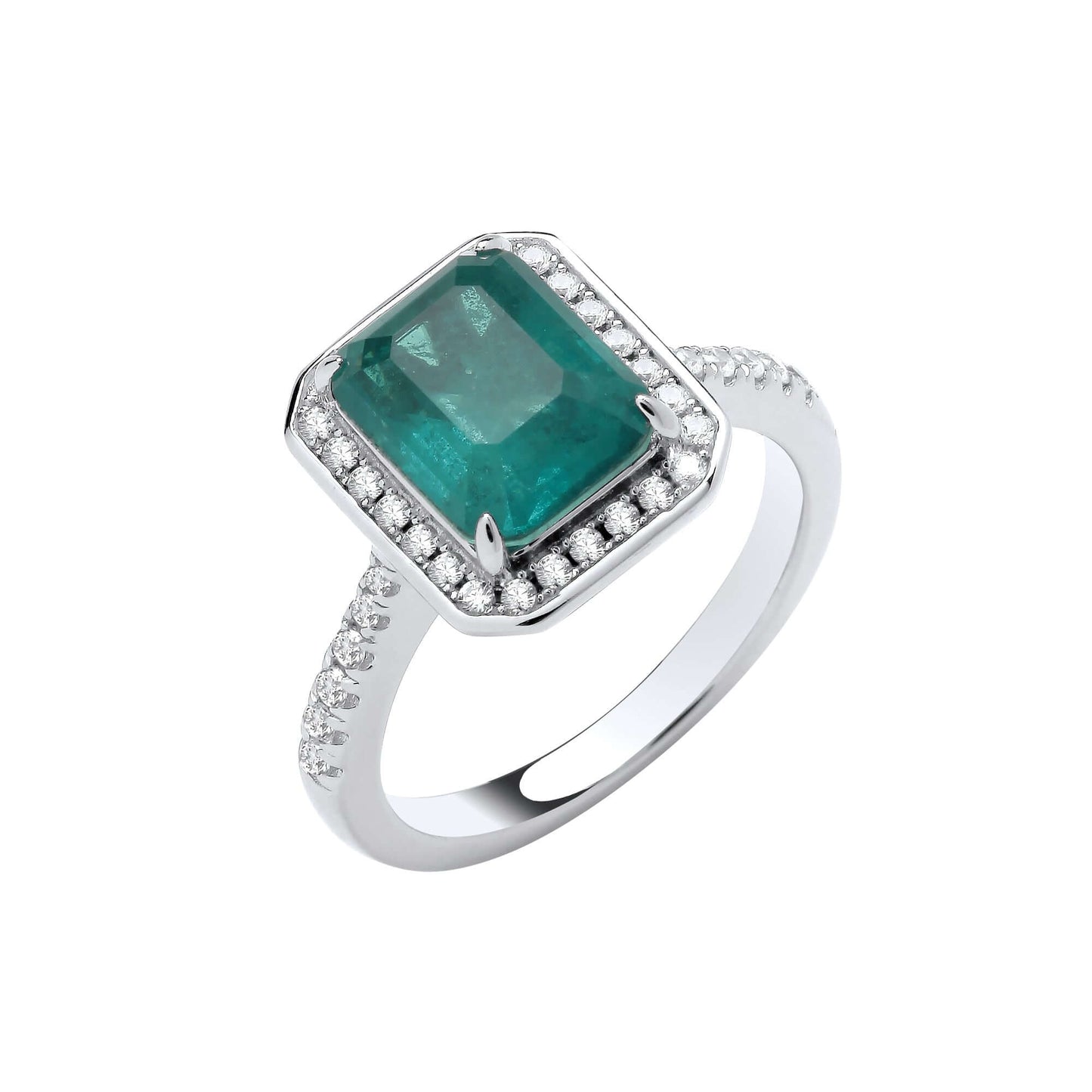 Silver Emerald Colour Ring with centre emerald cubic zirconia and clear stones set in sterling silver.