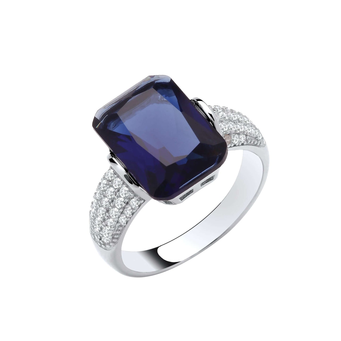 Silver Sapphire Blue Color CZ Ring with cubic zirconia stone and brilliant cut shoulders