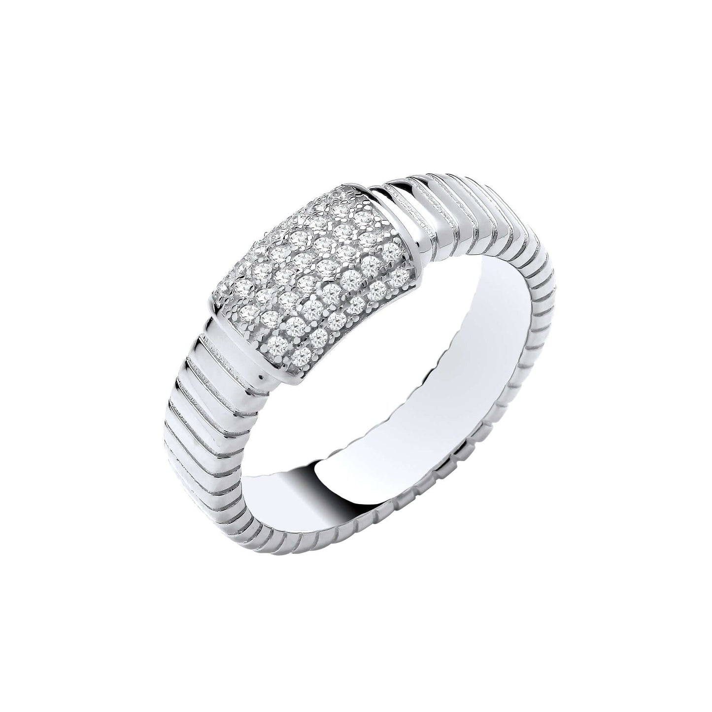 Silver Cz Ring with cubic zirconia stones and fluted shank.