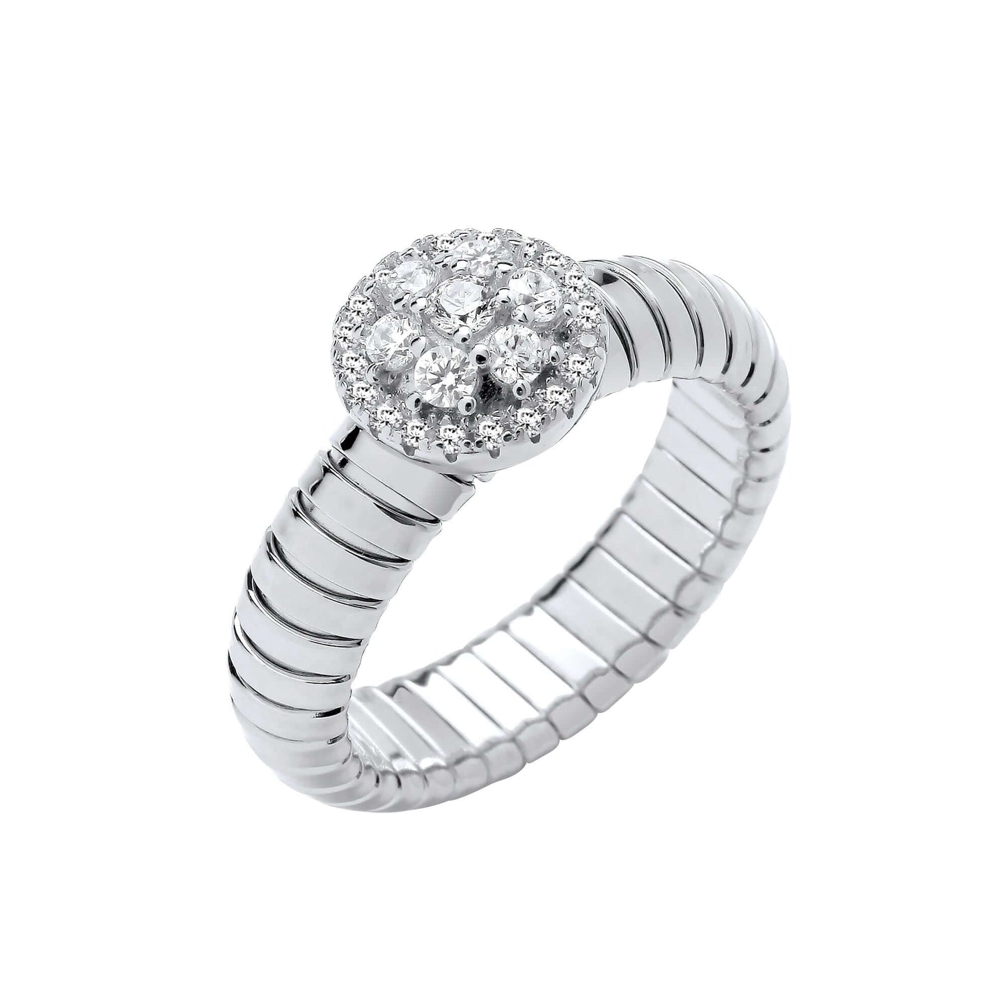 Silver Ribbed Link CZ Cluster Ring with cubic zirconia stones on ribbed shank, stunning silver jewelry piece.