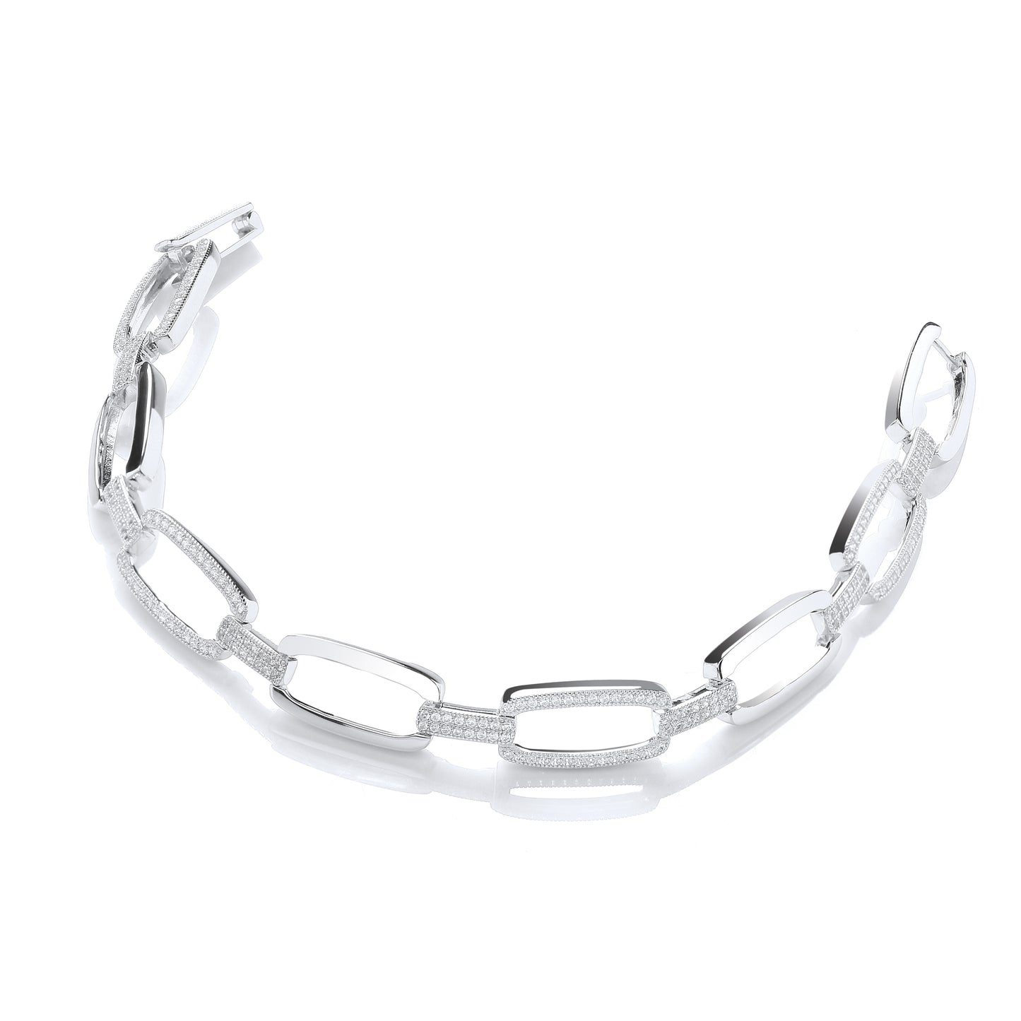 Silver bracelet with interlocking links on a white background