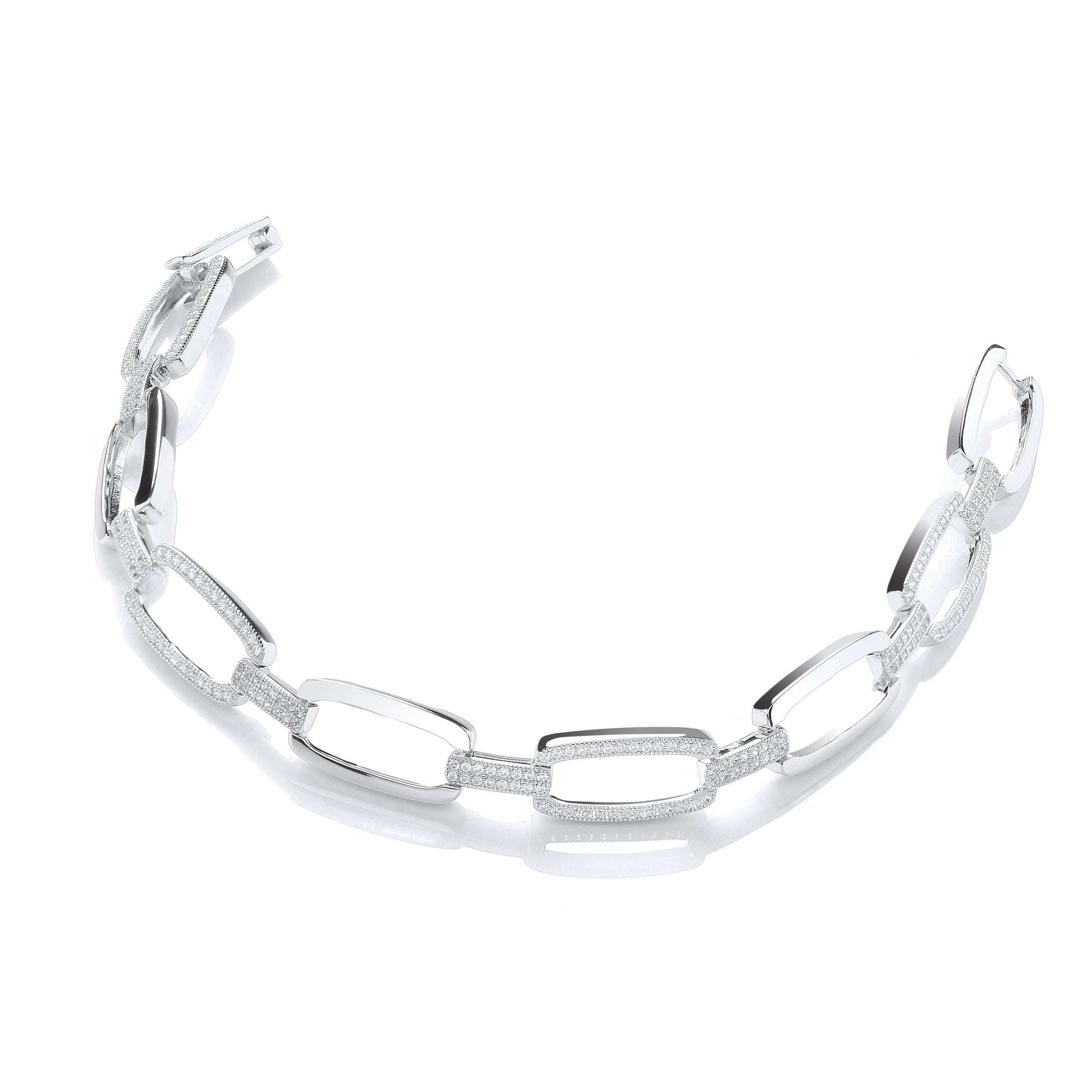 Silver bracelet with interlocking links on a white background