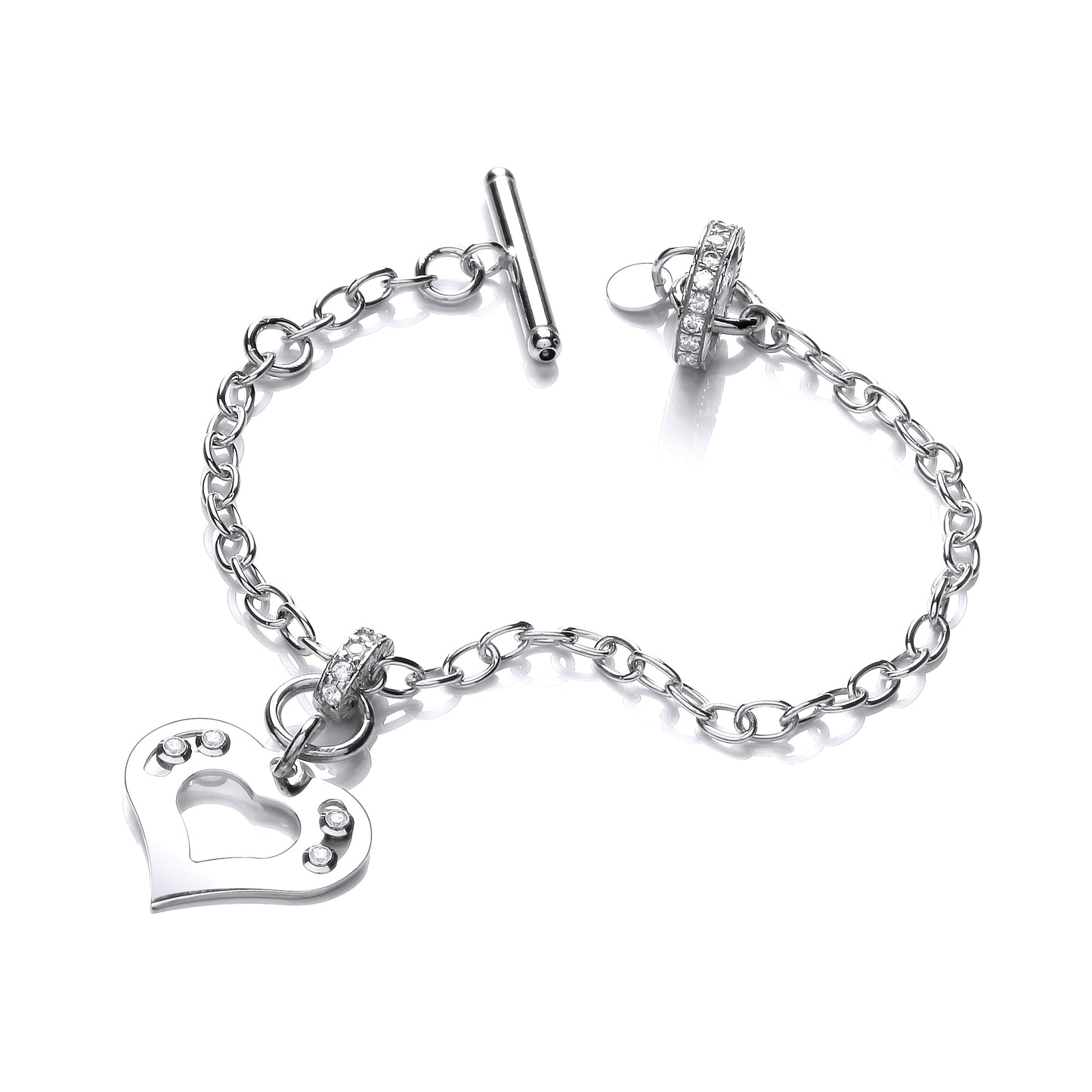 Silver bracelet with heart and foot charm on a white background