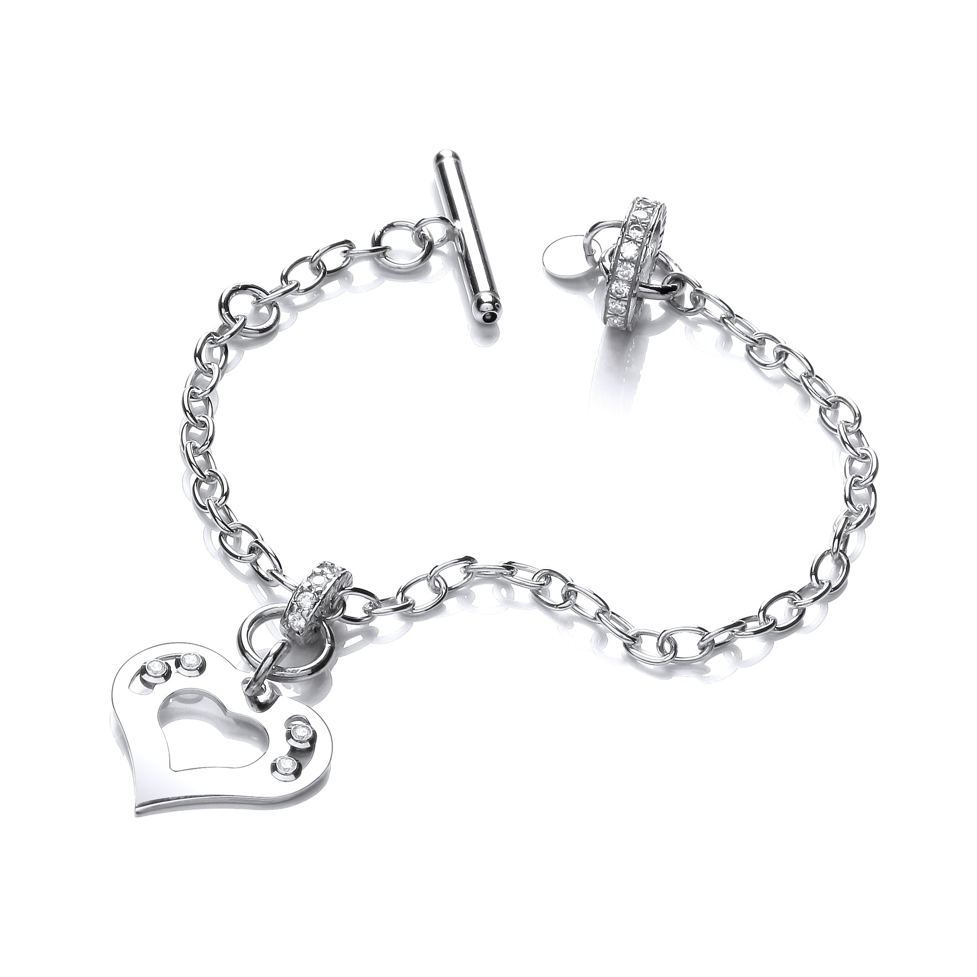 Silver bracelet with heart and foot charm on a white background