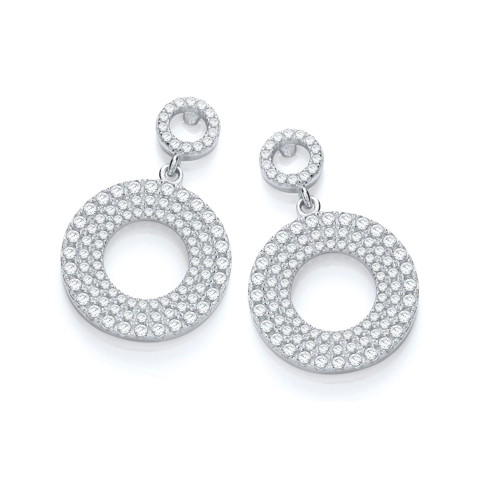 Pair of silver hoop earrings with clear gemstones on a white background
