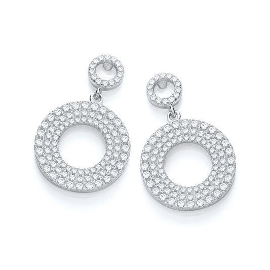 Pair of silver hoop earrings with clear gemstones on a white background