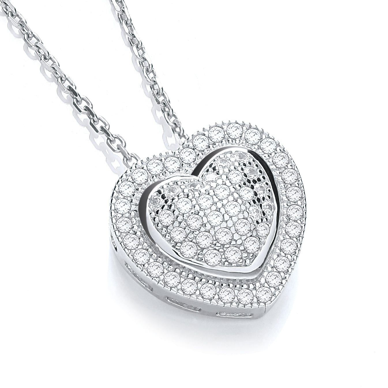 Heart-shaped silver necklace with clear stones on a white background
