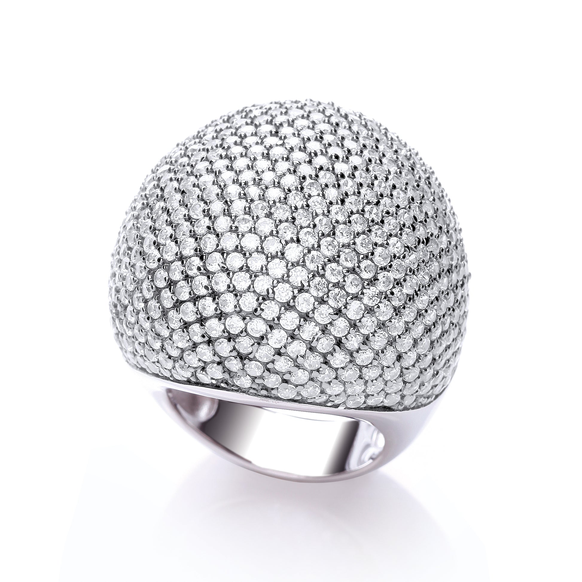 Silver ring with a textured, diamond-studded band on a white background