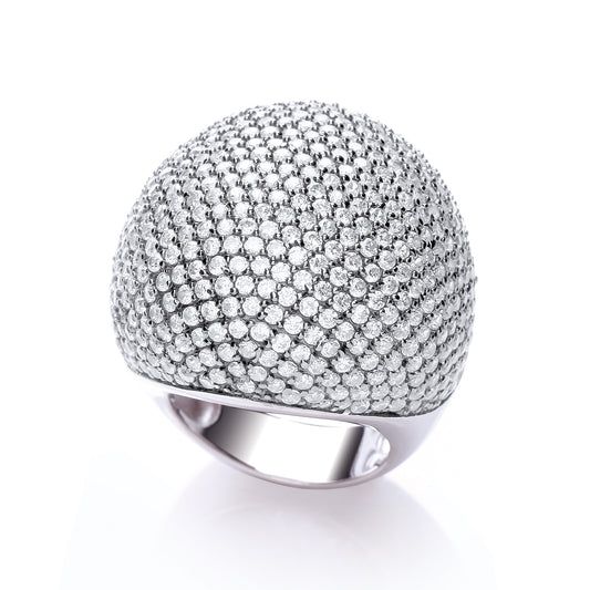 Silver ring with a textured, diamond-studded band on a white background
