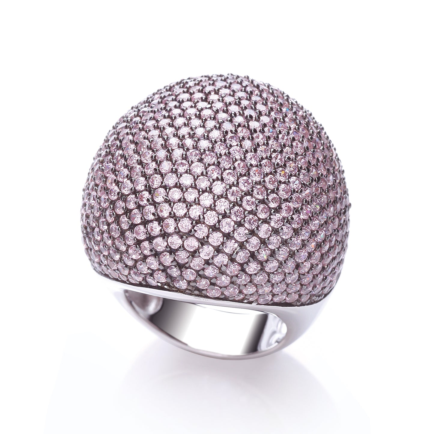 Silver ring with pink gemstones on a white background