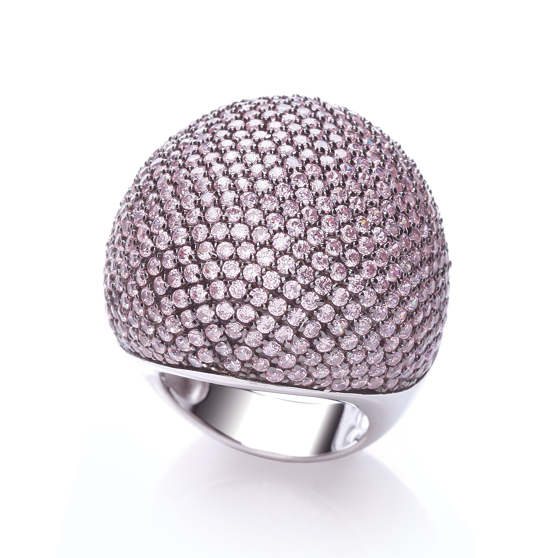 Silver ring with pink gemstones on a white background