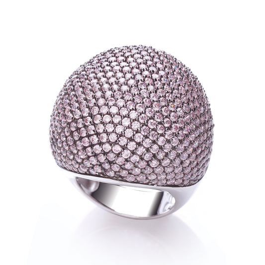 Silver ring with pink gemstones on a white background