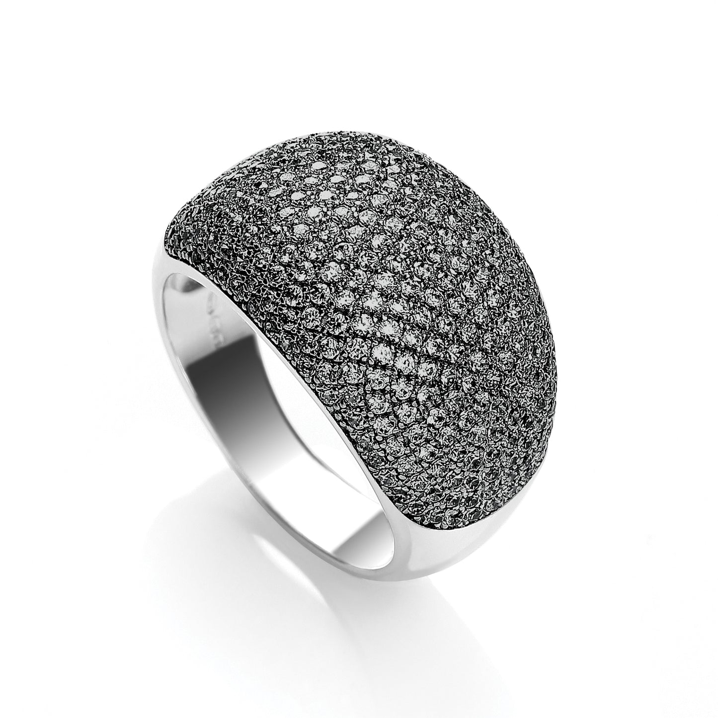 Silver ring with black diamond accents on a white background