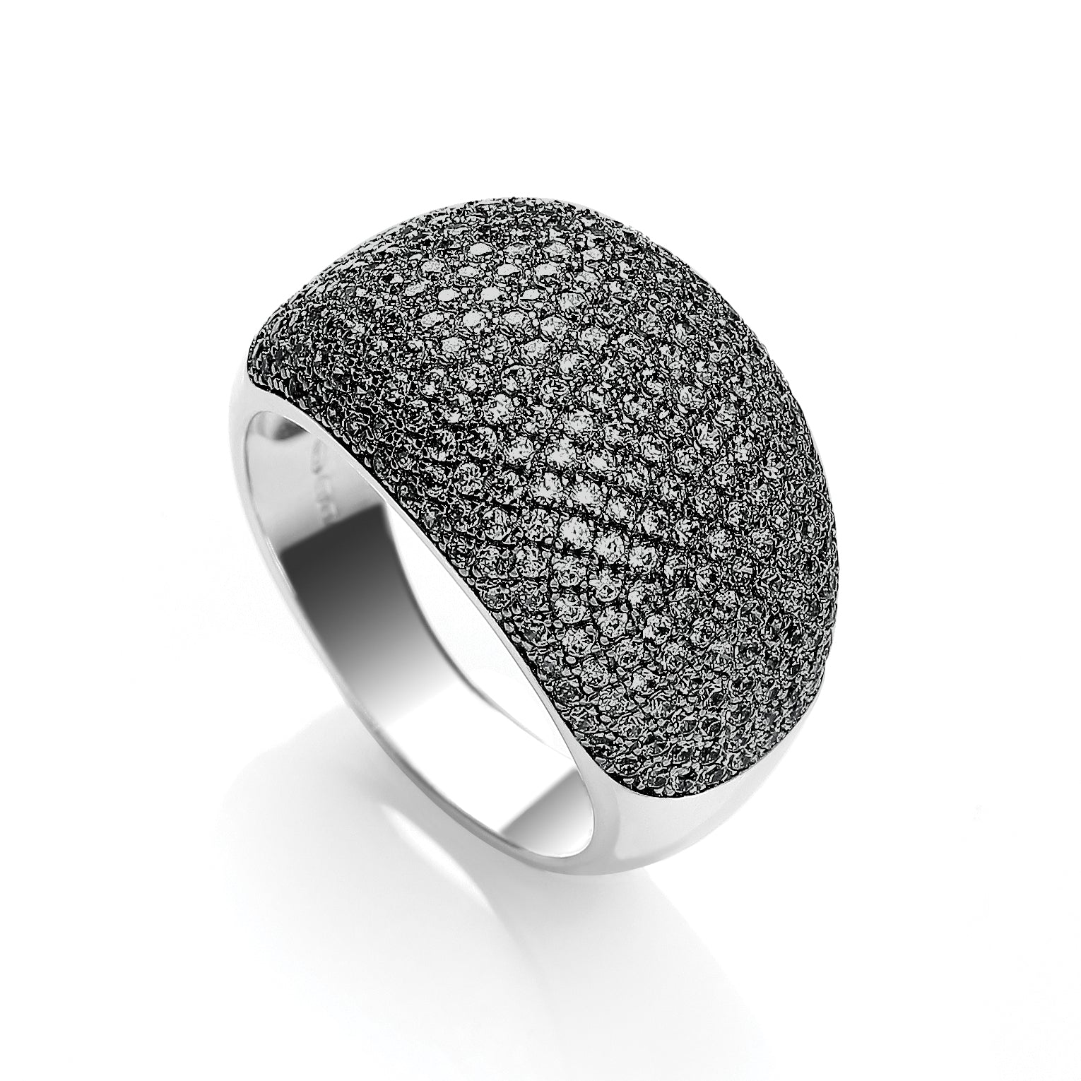 Silver ring with black diamond accents on a white background