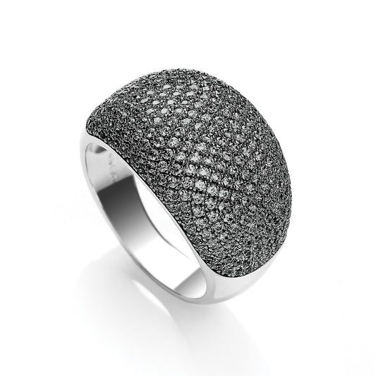 Silver ring with black diamond accents on a white background