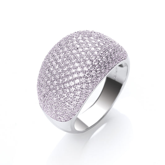 Silver ring with a textured, diamond-studded band on a white background