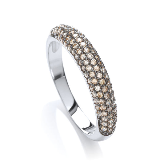 Silver ring with brown gemstones on a white background