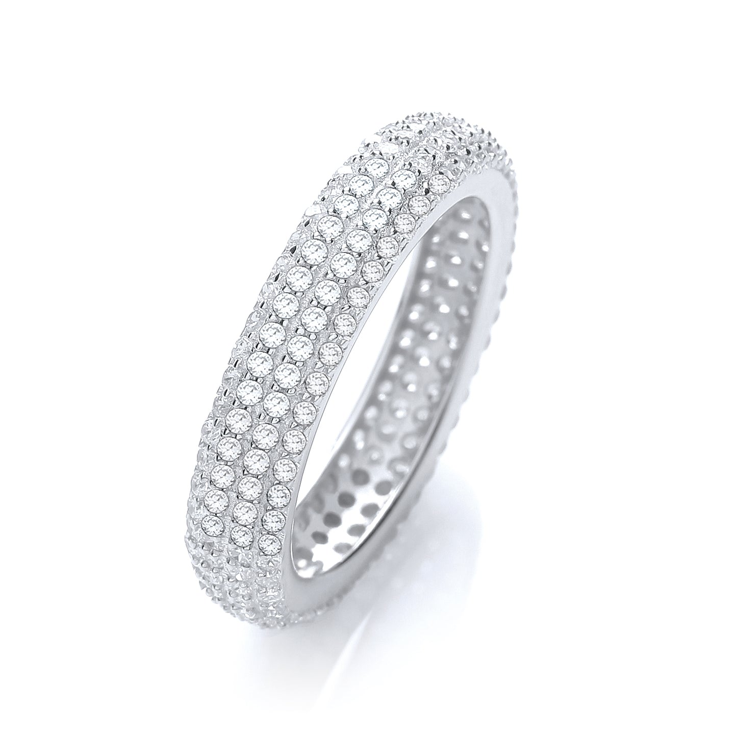 Silver ring with clear gemstones on a white background