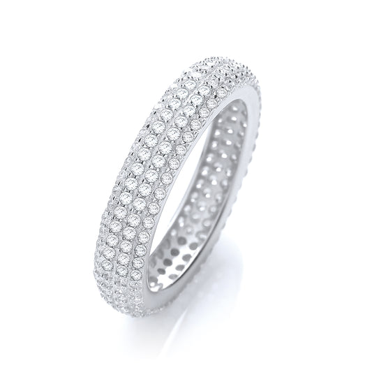 Silver ring with clear gemstones on a white background