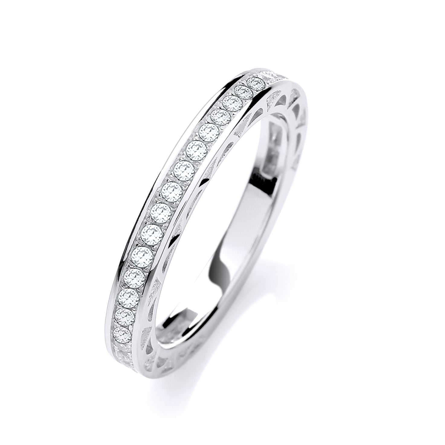 Silver ring with small diamonds on a white background