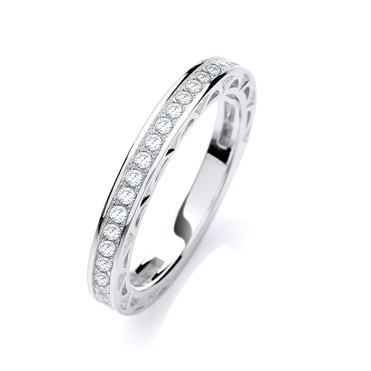 Silver ring with small diamonds on a white background