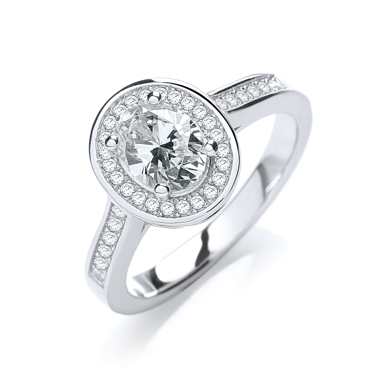 Silver ring with a large central gemstone and smaller stones around on a white background