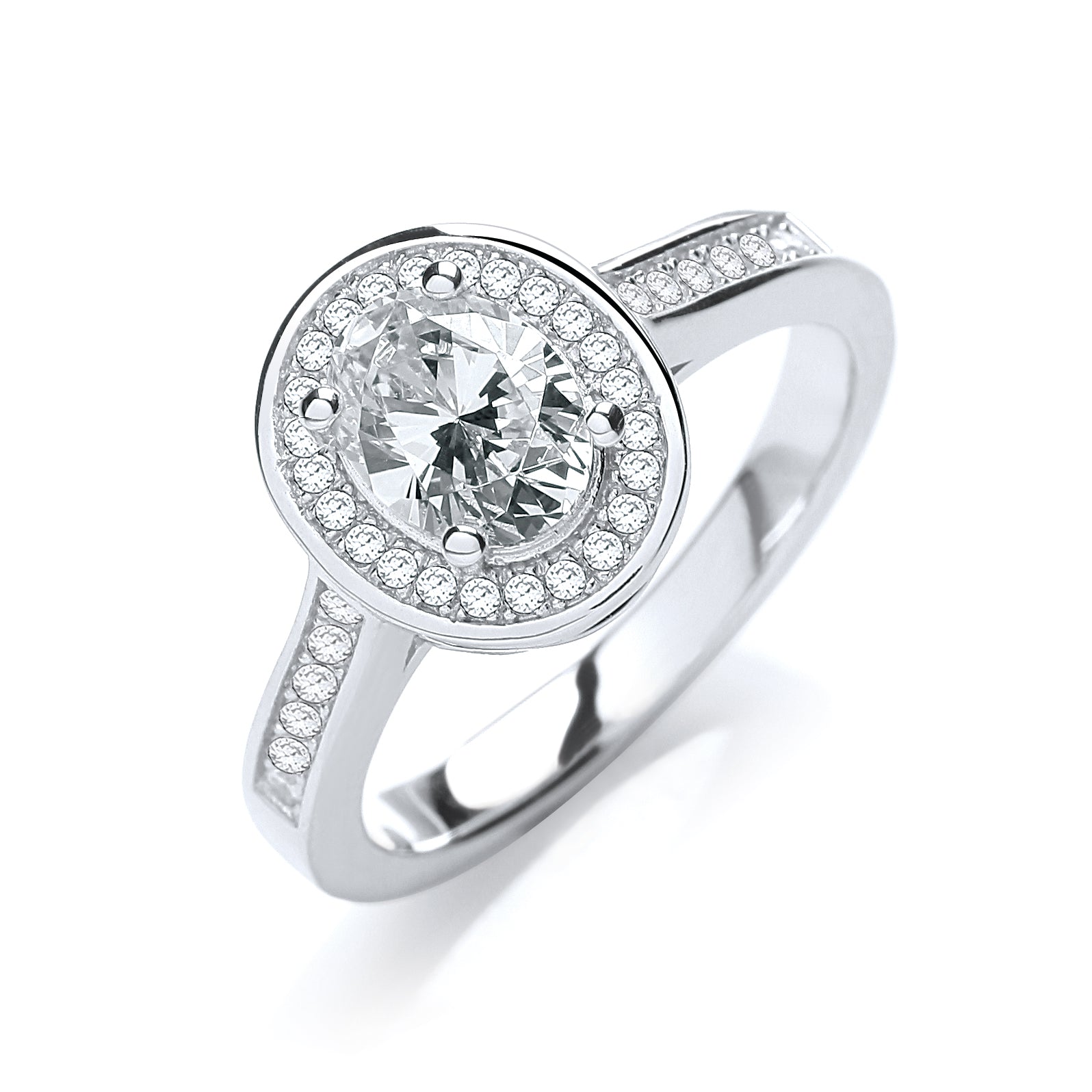 Silver ring with a large central gemstone and smaller stones around on a white background