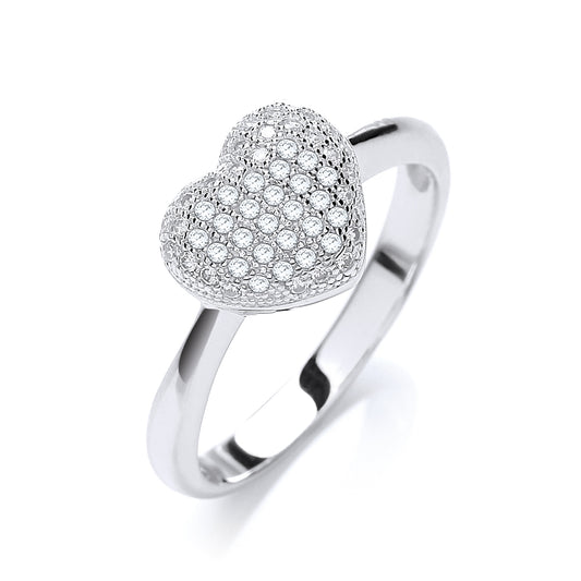 Silver heart-shaped ring with embedded stones on a white background