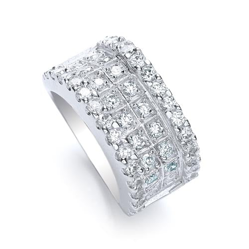 Silver ring with diamond accents on a white background