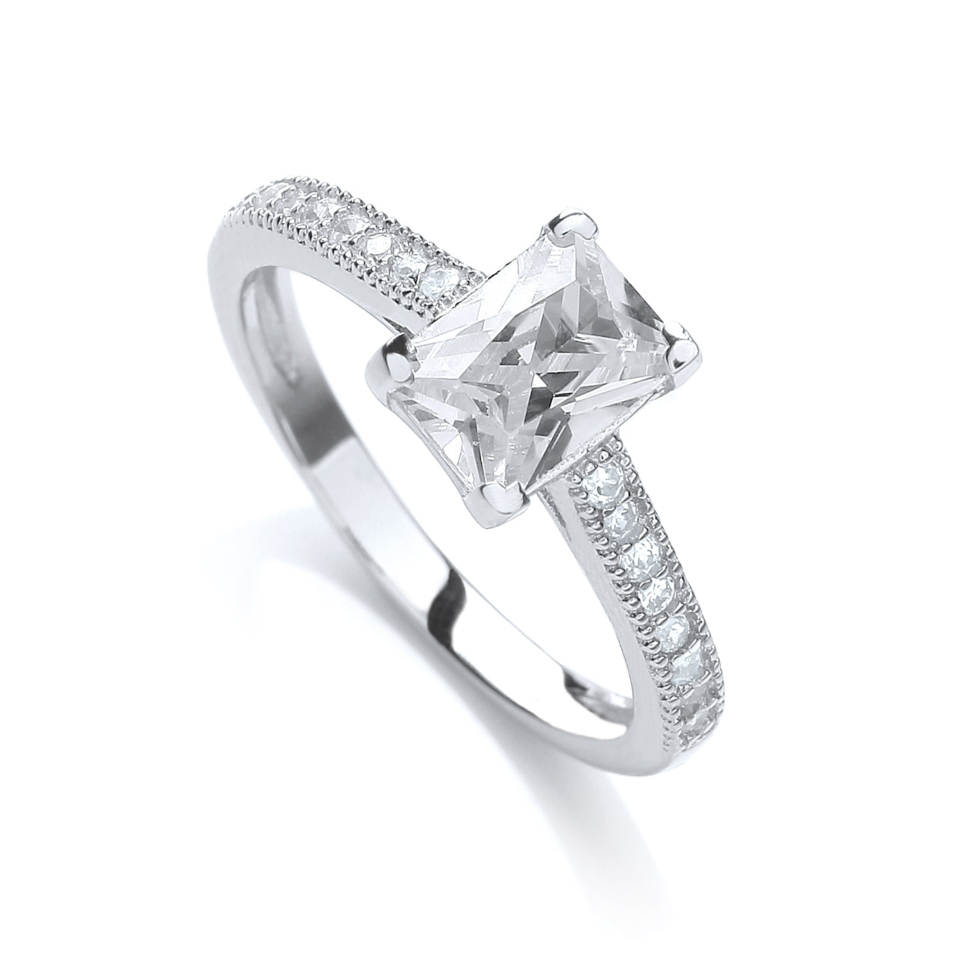 Emerald Cut CZ Silver Engagement Ring with sparkling cubic zirconia stone and elegant silver band design.
