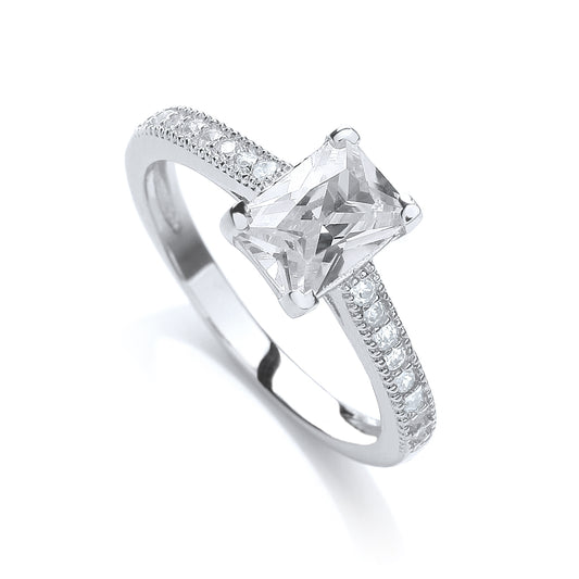 Emerald Cut CZ Silver Engagement Ring with sparkling cubic zirconia stone and elegant silver band design.