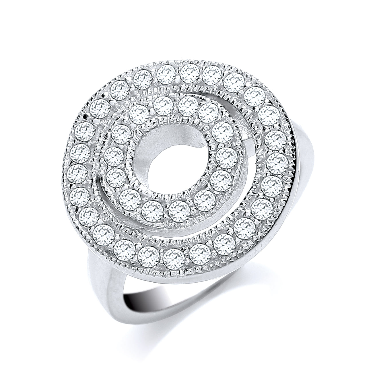 Silver zirconia halo ring with dazzling center stone and shimmering zirconia halo, crafted in lustrous silver for elegant style.