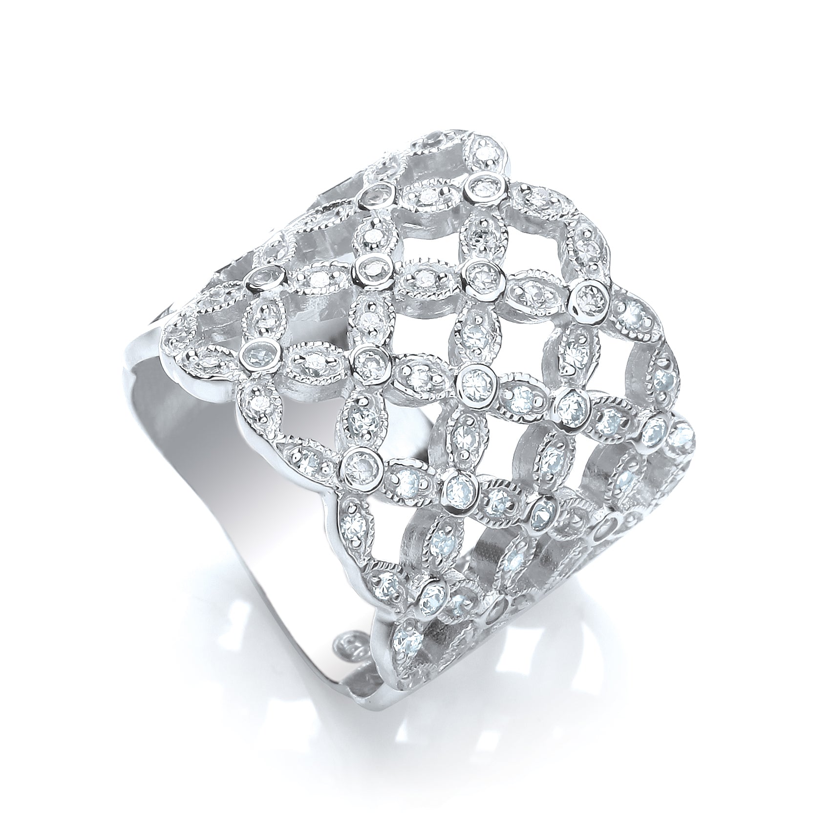 Elegant silver trellis zirconia ring showcasing intricate lattice metalwork and sparkling cubic zirconia for everyday glamour.