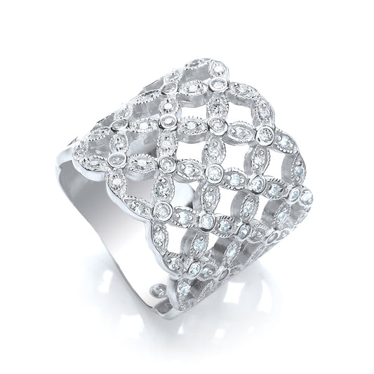Elegant silver trellis zirconia ring showcasing intricate lattice metalwork and sparkling cubic zirconia for everyday glamour.