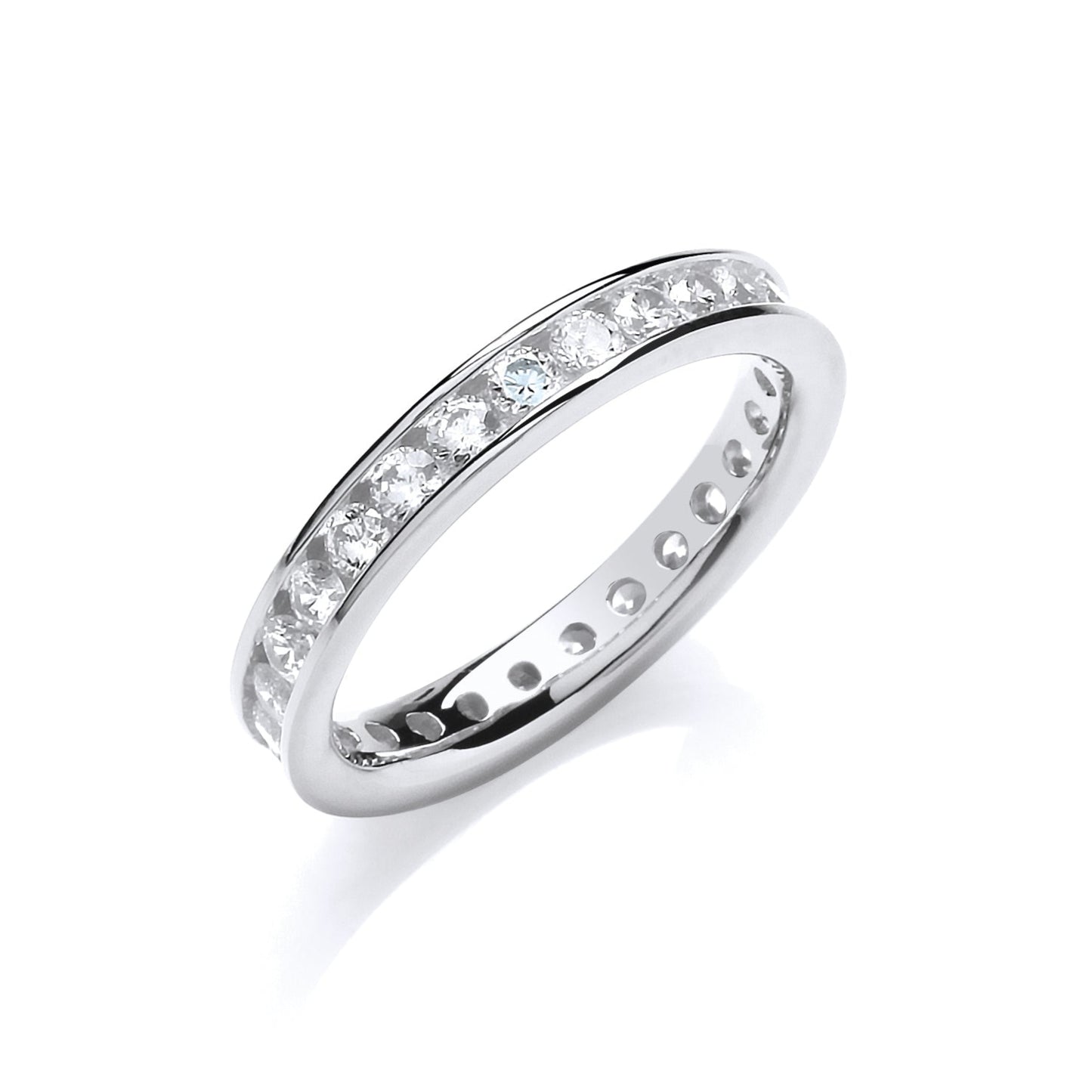 Silver ring with embedded diamonds on a white background