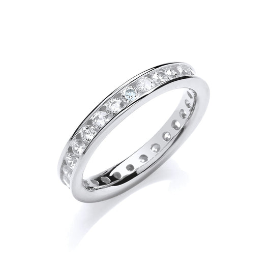Silver ring with embedded diamonds on a white background