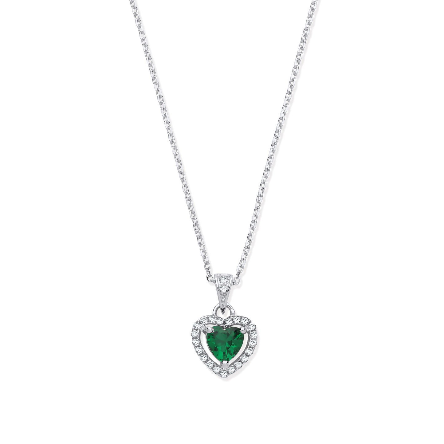 Heart-shaped emerald pendant on a chain against a white background