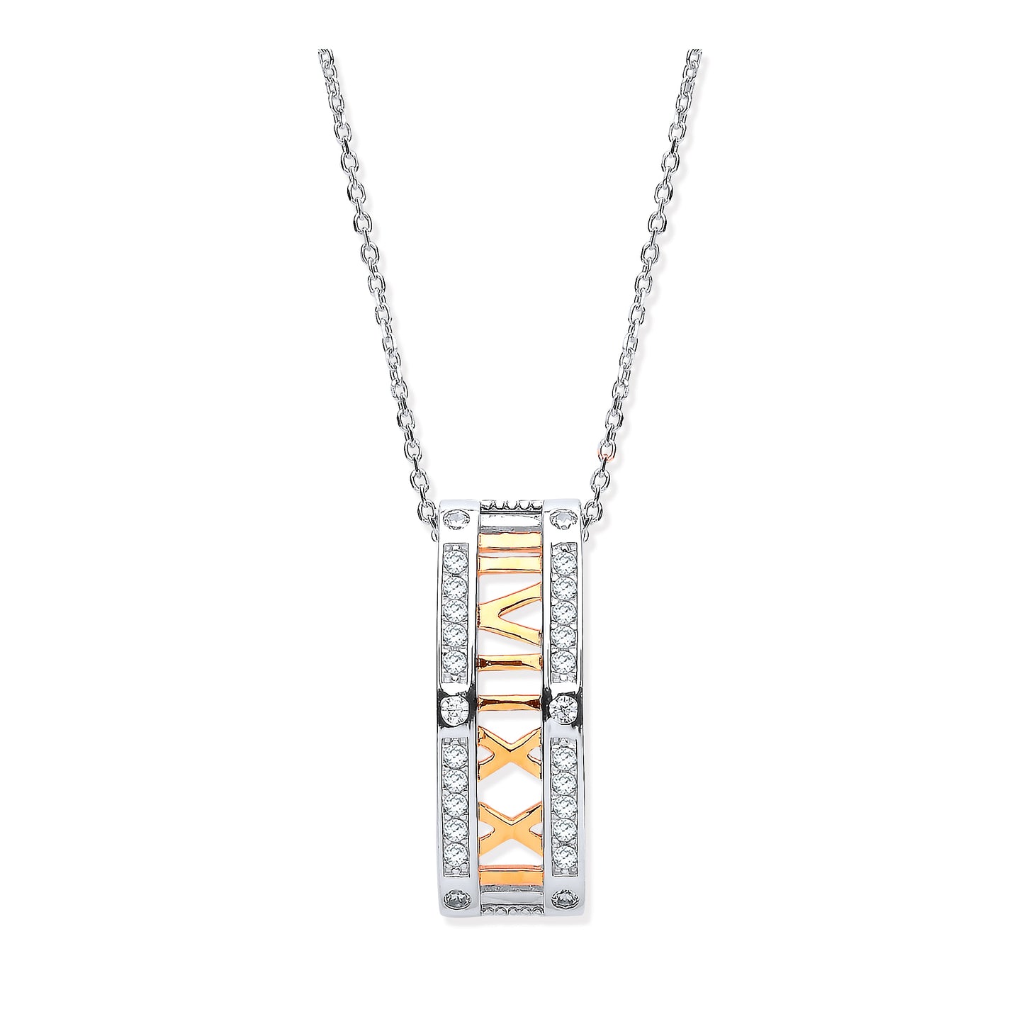 Necklace with a rectangular pendant featuring Roman numerals on a white background