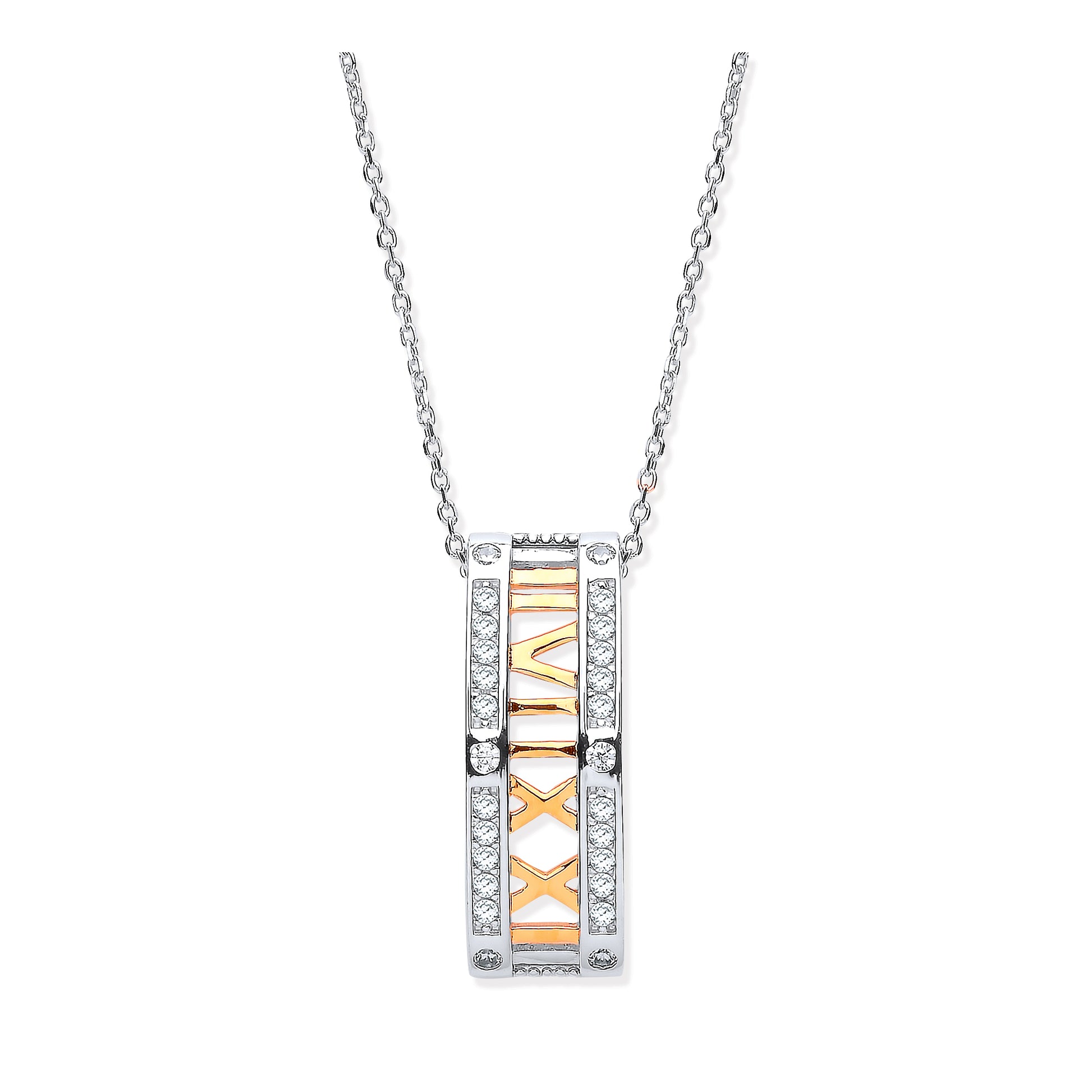 Necklace with a rectangular pendant featuring Roman numerals on a white background