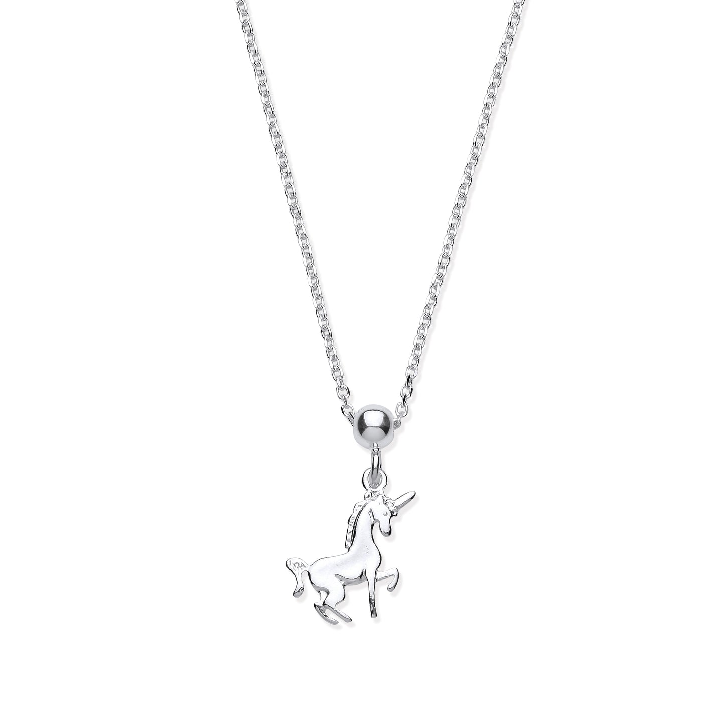 Silver necklace with a unicorn pendant on a white background