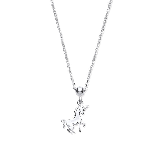 Silver necklace with a unicorn pendant on a white background